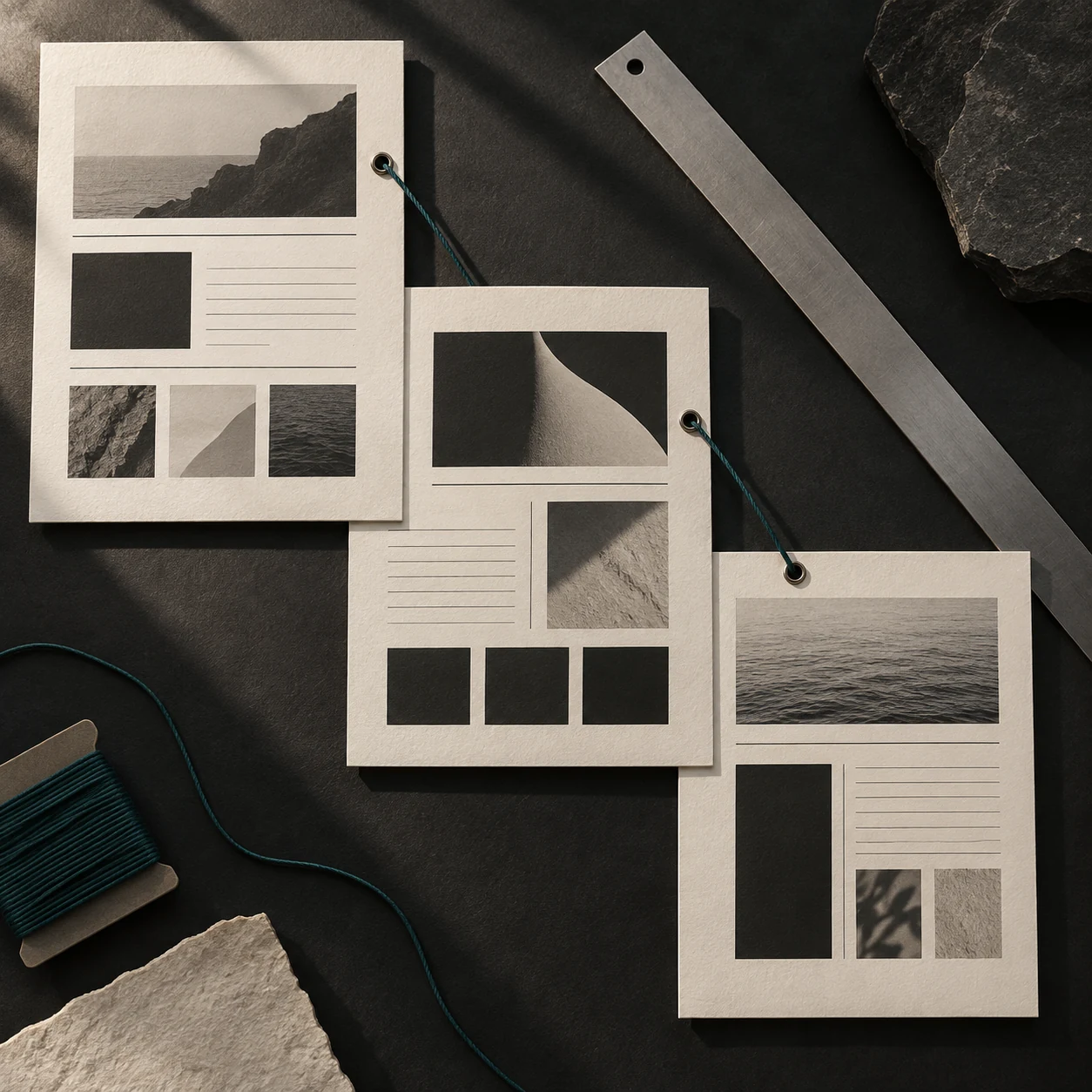 Layout su carta collegati da un filo teal, dal progetto alla realizzazione