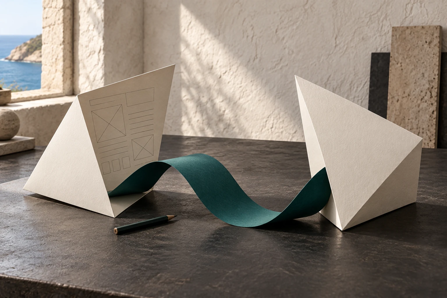 Due forme di carta collegate da un nastro teal, un dialogo che diventa progetto