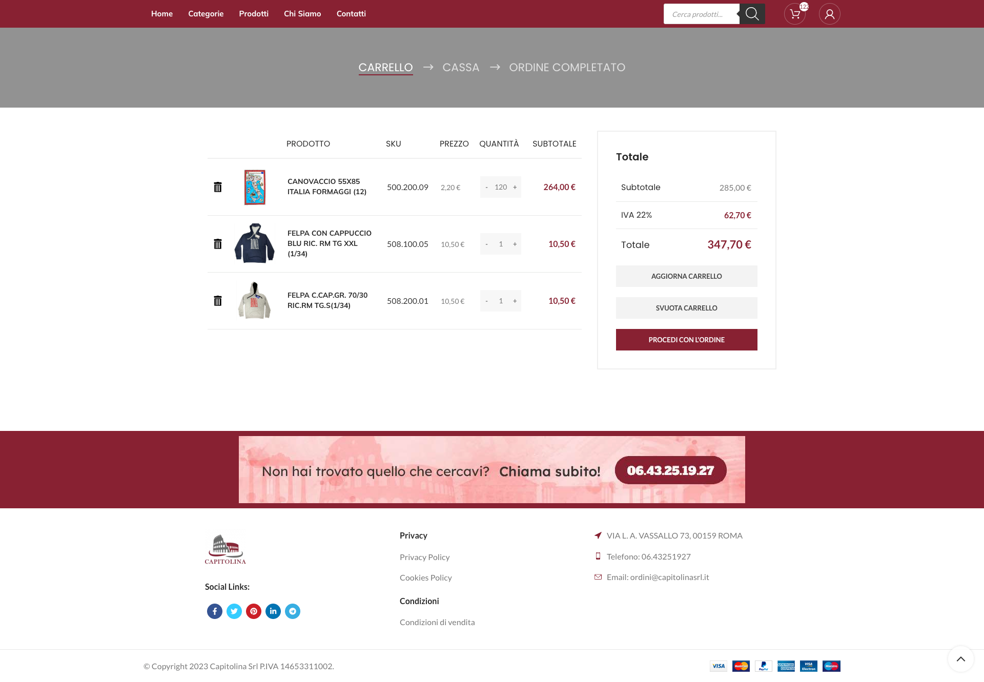Carrello B2B Capitolina con quantità modificabili, SKU e riepilogo ordine