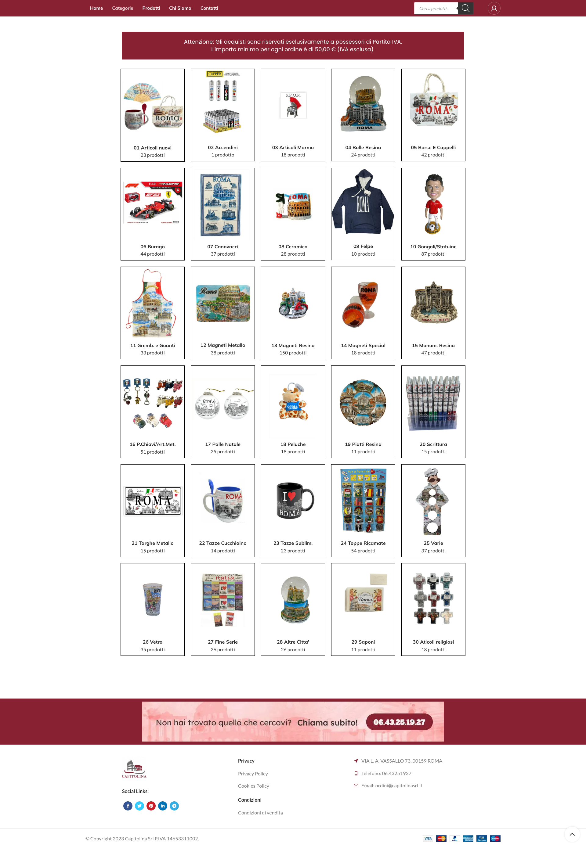 La home di Capitolina organizza il catalogo B2B per categorie di prodotto.