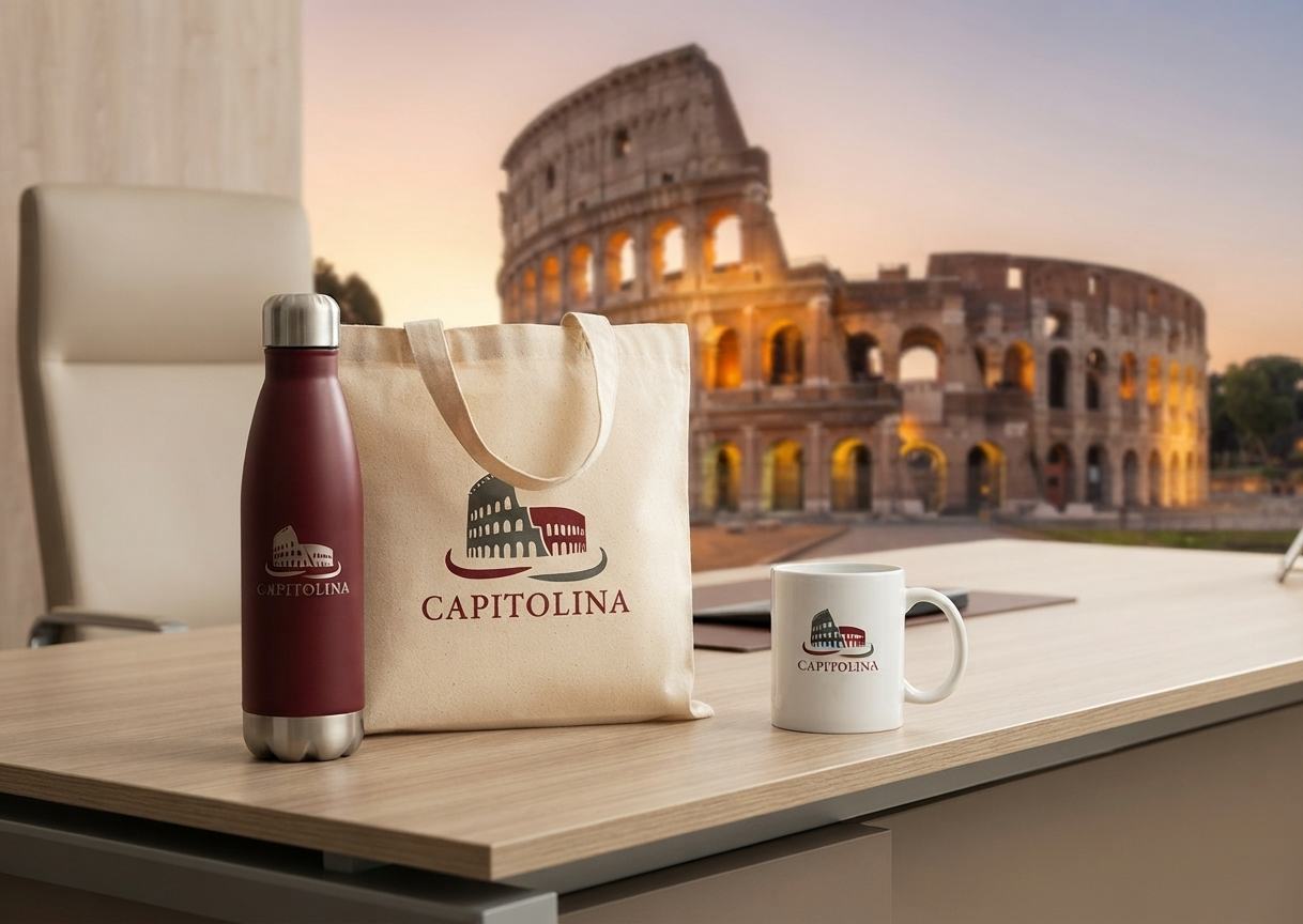 Identità Capitolina su borsa, borraccia e tazza con il Colosseo sullo sfondo